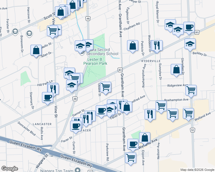 map of restaurants, bars, coffee shops, grocery stores, and more near 452 Carlton Street in St. Catharines