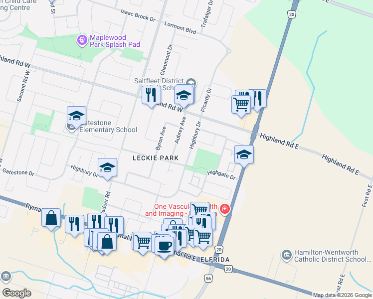 map of restaurants, bars, coffee shops, grocery stores, and more near 32 Highbury Drive in Hamilton