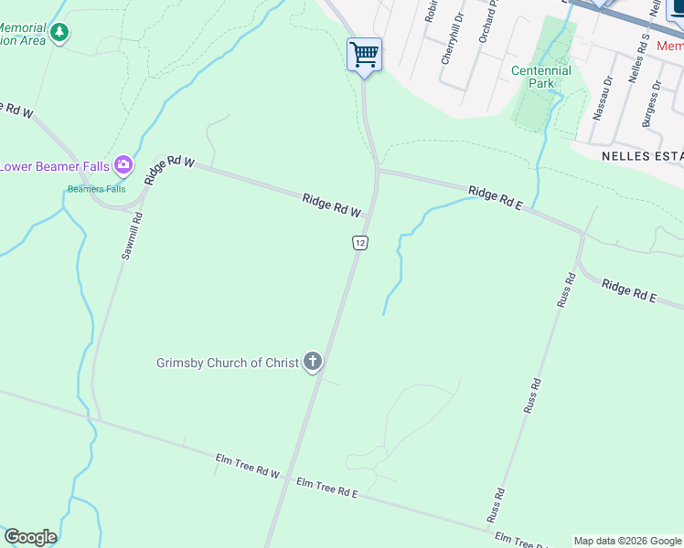 map of restaurants, bars, coffee shops, grocery stores, and more near 122 Mountain Road in Grimsby