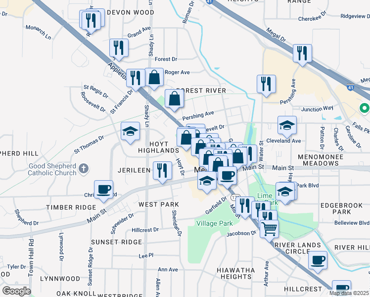 map of restaurants, bars, coffee shops, grocery stores, and more near in Menomonee Falls