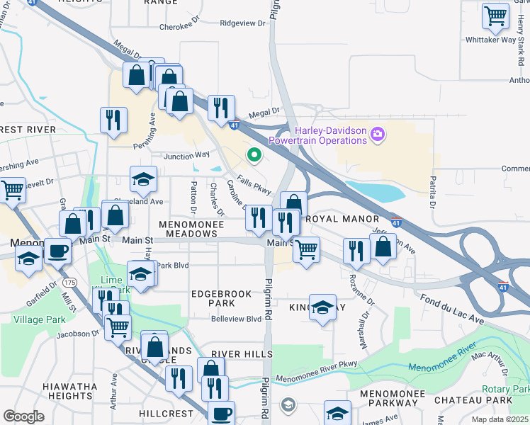 map of restaurants, bars, coffee shops, grocery stores, and more near N89W15622 Cleveland Avenue in Menomonee Falls
