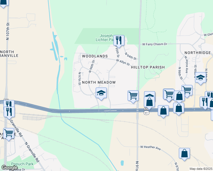 map of restaurants, bars, coffee shops, grocery stores, and more near 8951 North 95th Street in Milwaukee