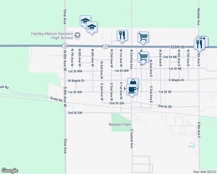 map of restaurants, bars, coffee shops, grocery stores, and more near 54-98 S 3rd Ave W in Hartley