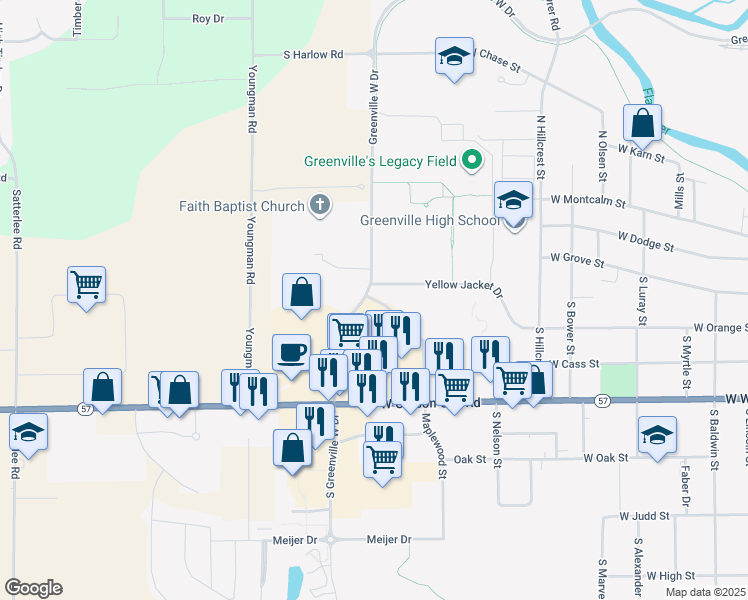 map of restaurants, bars, coffee shops, grocery stores, and more near 1410 Elmwood Street in Greenville