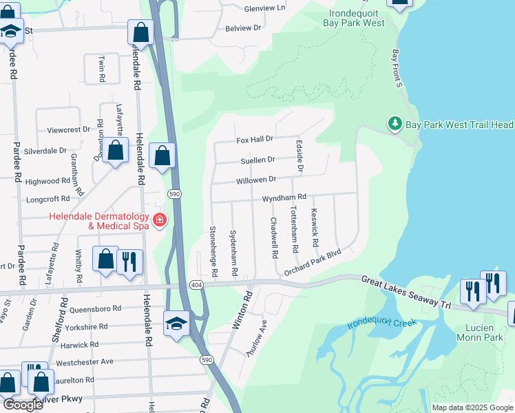 map of restaurants, bars, coffee shops, grocery stores, and more near 1800 Winton Road North in Irondequoit