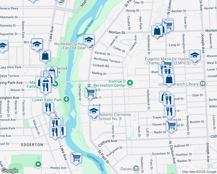 map of restaurants, bars, coffee shops, grocery stores, and more near 104 Avenue D in Rochester