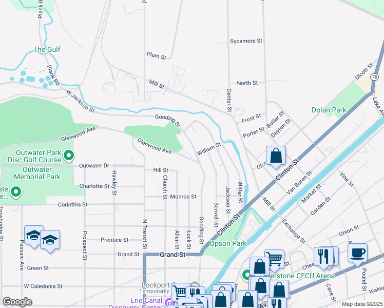 map of restaurants, bars, coffee shops, grocery stores, and more near 304 Gooding Street in Lockport