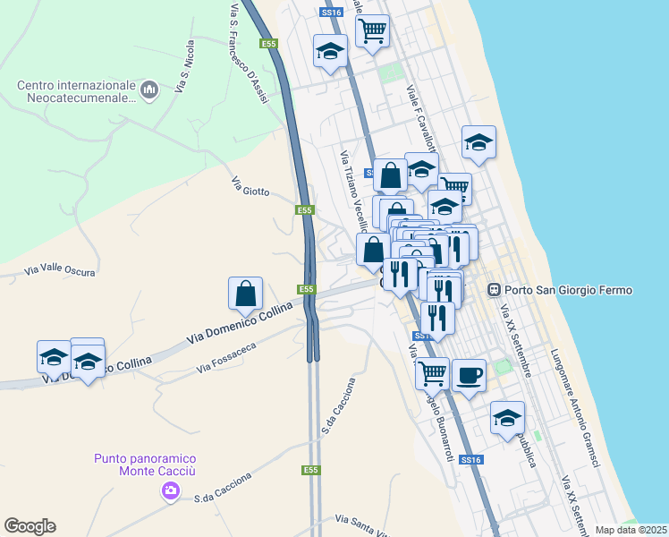 map of restaurants, bars, coffee shops, grocery stores, and more near 34 Via Costa dei Frati in Porto San Giorgio