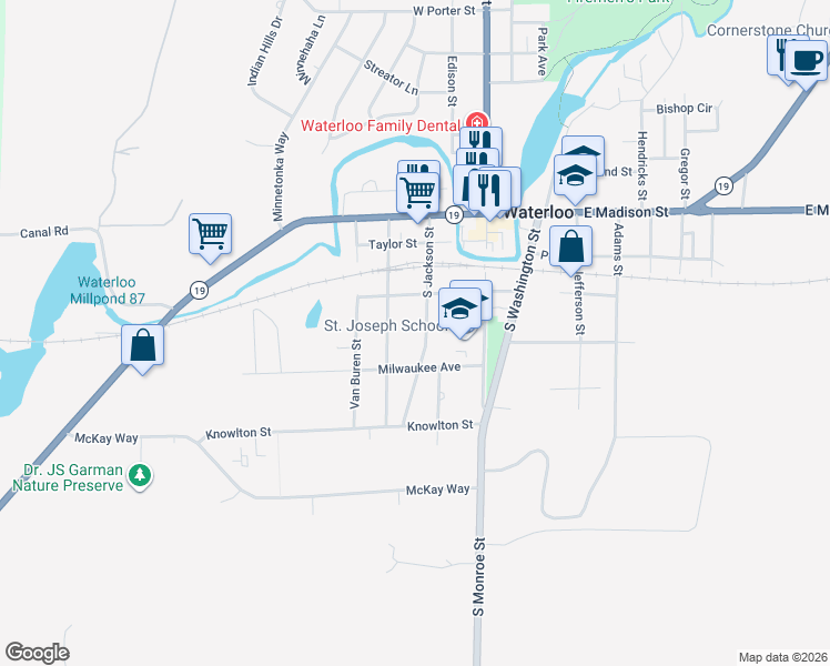map of restaurants, bars, coffee shops, grocery stores, and more near 373 South Jackson Street in Waterloo