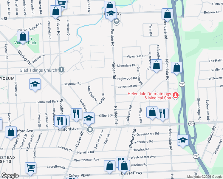 map of restaurants, bars, coffee shops, grocery stores, and more near 189 Pardee Road in Rochester