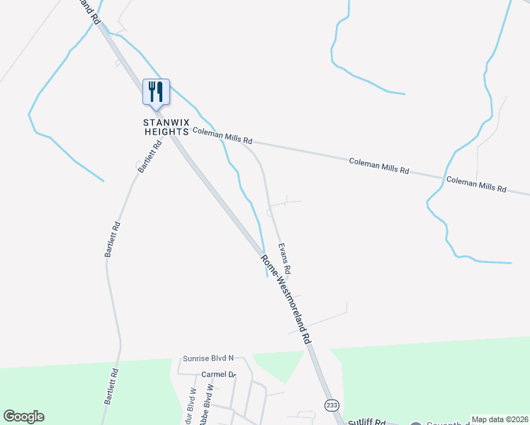 map of restaurants, bars, coffee shops, grocery stores, and more near 6569 Evans Road in Rome