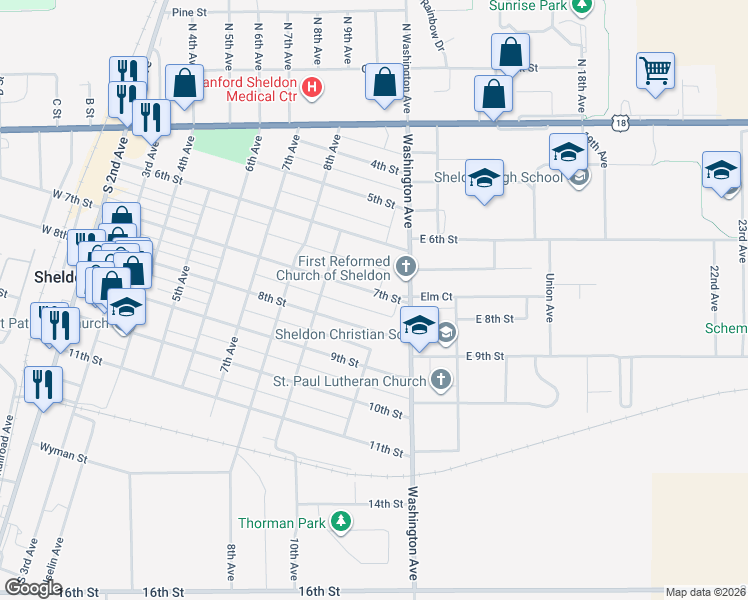 map of restaurants, bars, coffee shops, grocery stores, and more near 1010 7th Street in Sheldon