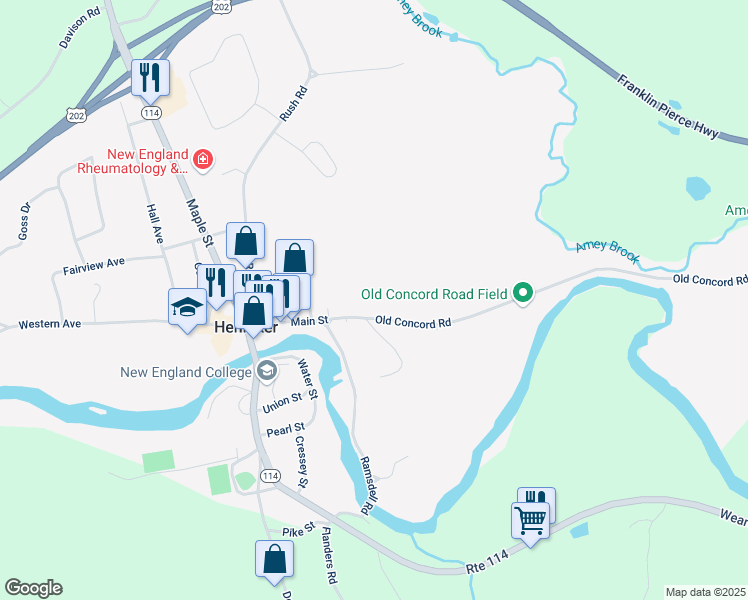 map of restaurants, bars, coffee shops, grocery stores, and more near 90 Old Concord Road in Henniker
