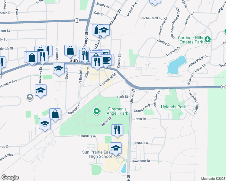 map of restaurants, bars, coffee shops, grocery stores, and more near 426 Park Street in Sun Prairie