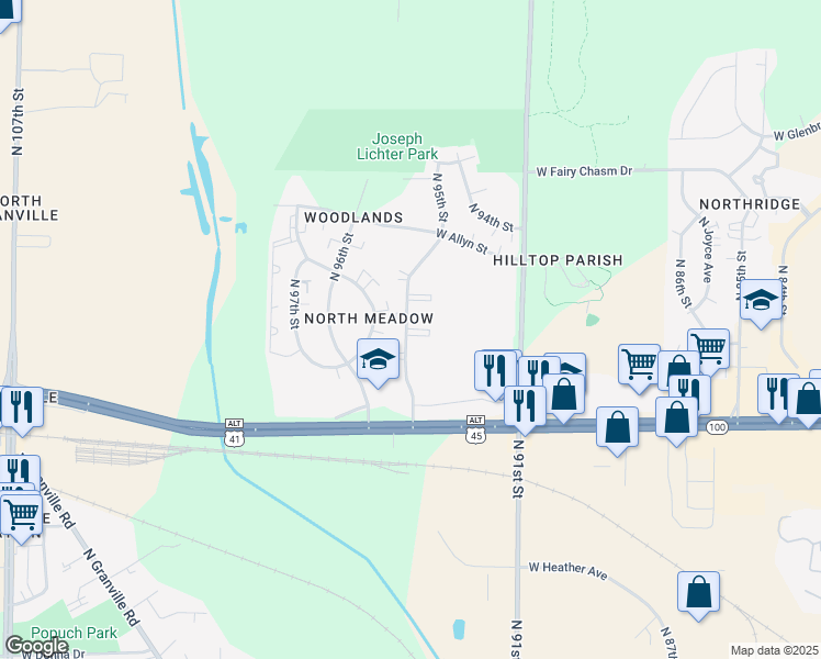 map of restaurants, bars, coffee shops, grocery stores, and more near 9030E North 95th Street in Milwaukee