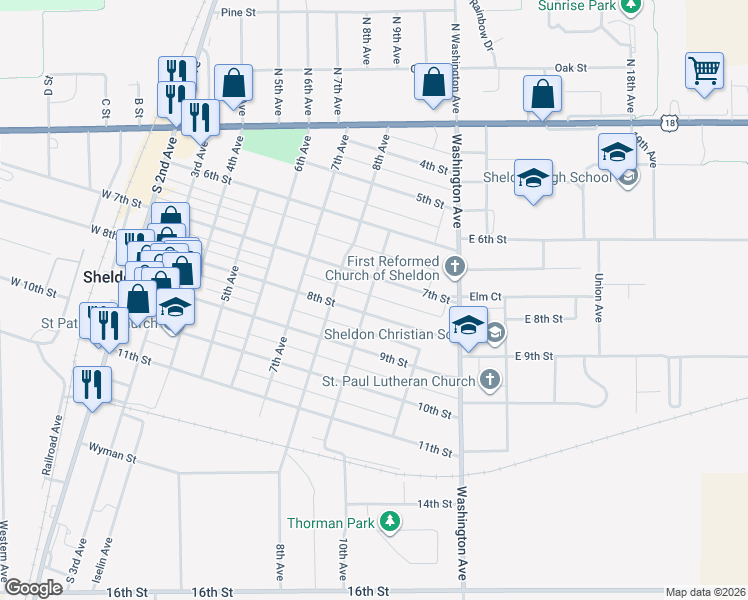 map of restaurants, bars, coffee shops, grocery stores, and more near 709 9th Avenue in Sheldon