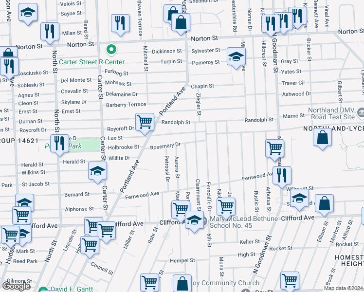 map of restaurants, bars, coffee shops, grocery stores, and more near 117 Rosemary Drive in Rochester