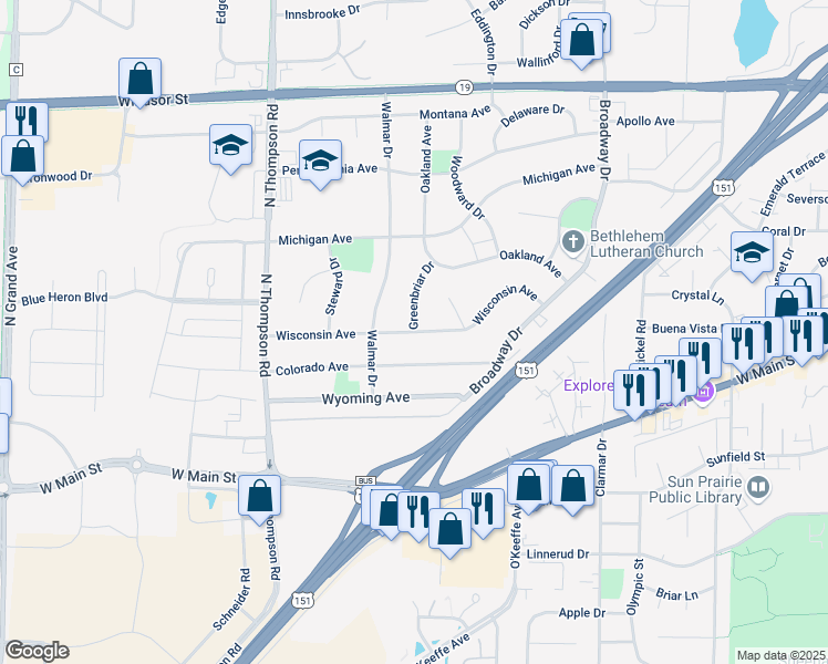 map of restaurants, bars, coffee shops, grocery stores, and more near 1998 Wisconsin Avenue in Sun Prairie