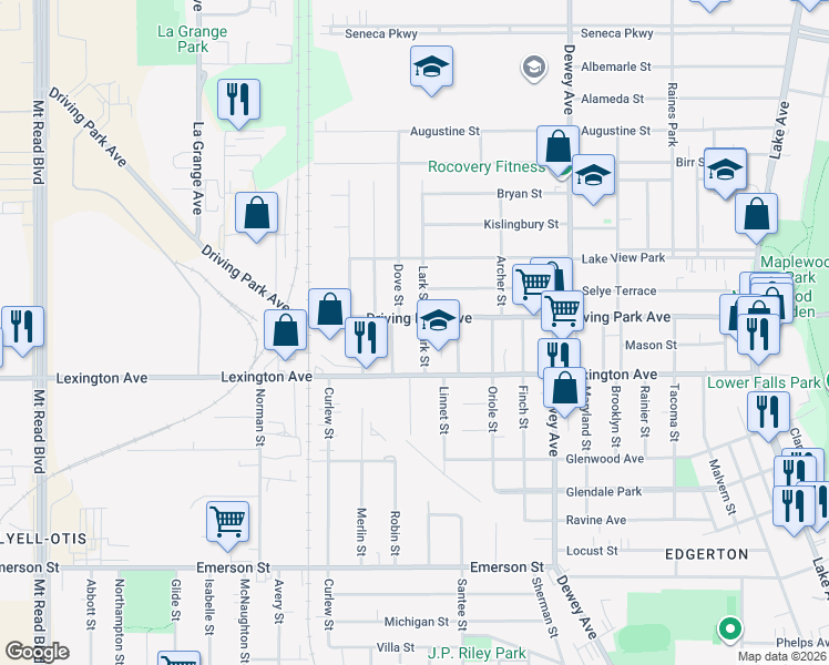 map of restaurants, bars, coffee shops, grocery stores, and more near 53 Lark Street in Rochester