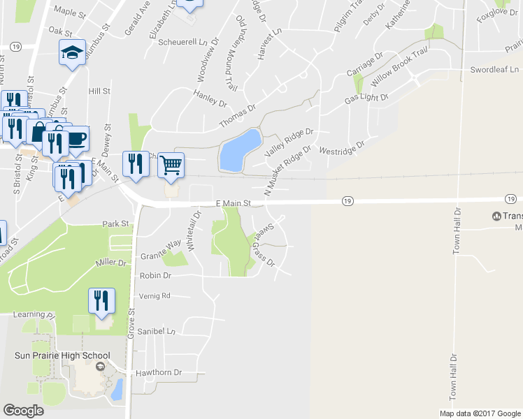 map of restaurants, bars, coffee shops, grocery stores, and more near 202 South Musket Ridge Drive in Sun Prairie