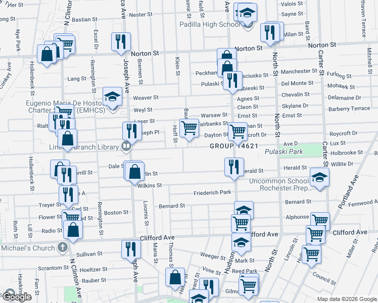map of restaurants, bars, coffee shops, grocery stores, and more near 763 Avenue D in Rochester