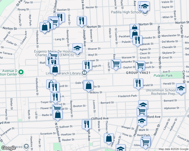 map of restaurants, bars, coffee shops, grocery stores, and more near 607 Avenue D in Rochester