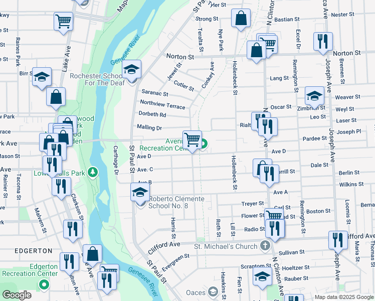 map of restaurants, bars, coffee shops, grocery stores, and more near 150 Avenue D in Rochester