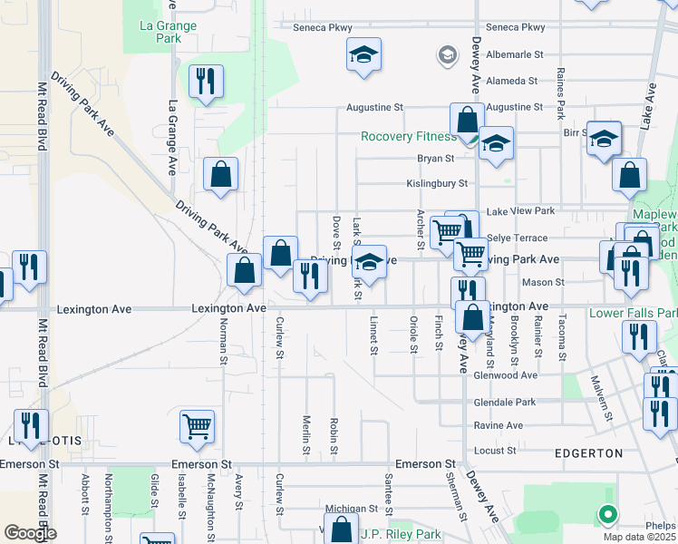 map of restaurants, bars, coffee shops, grocery stores, and more near in Rochester