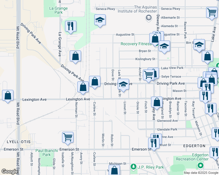 map of restaurants, bars, coffee shops, grocery stores, and more near in Rochester