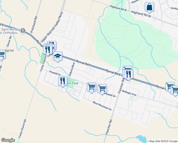 map of restaurants, bars, coffee shops, grocery stores, and more near 1890 Rymal Road East in Hamilton