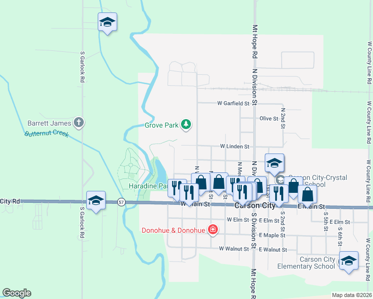 map of restaurants, bars, coffee shops, grocery stores, and more near 515 West Linden Street in Carson City