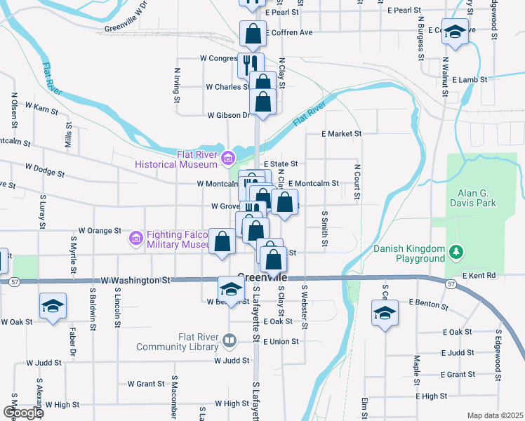 map of restaurants, bars, coffee shops, grocery stores, and more near 102 South Lafayette Street in Greenville