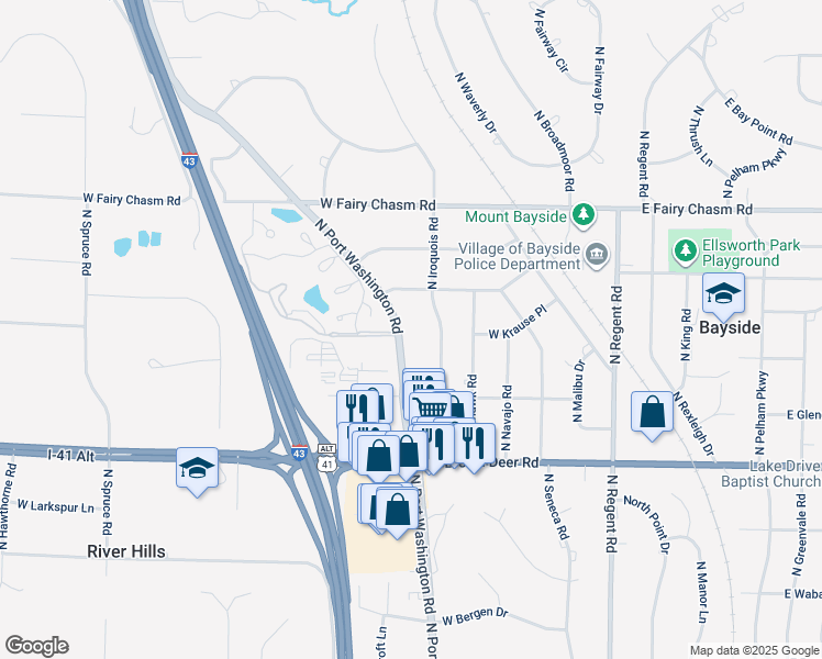 map of restaurants, bars, coffee shops, grocery stores, and more near 8990 North Port Washington Road in Bayside