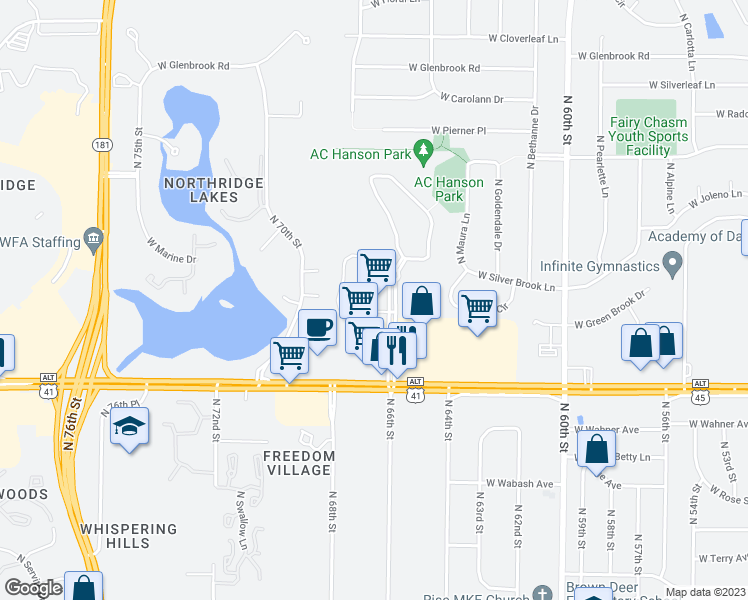 map of restaurants, bars, coffee shops, grocery stores, and more near 8901 North Park Plaza Court in Brown Deer