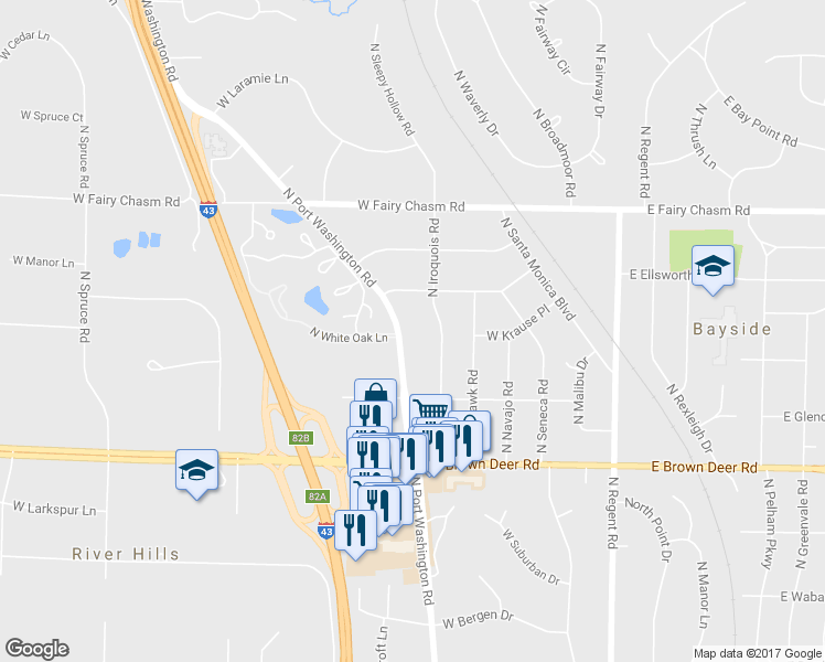map of restaurants, bars, coffee shops, grocery stores, and more near 8990 North Port Washington Road in Bayside