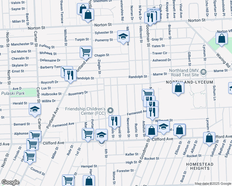 map of restaurants, bars, coffee shops, grocery stores, and more near 229 Jerold Street in Rochester