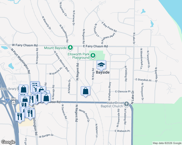 map of restaurants, bars, coffee shops, grocery stores, and more near 9029 North King Road in Bayside