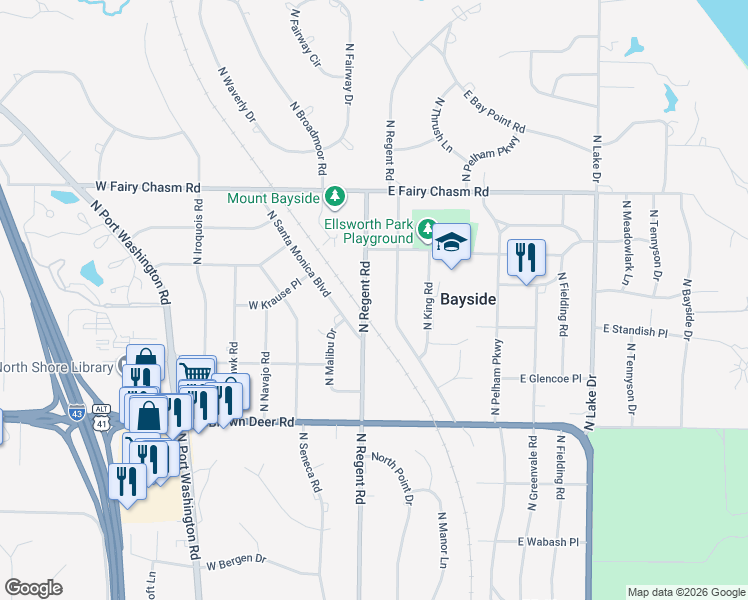 map of restaurants, bars, coffee shops, grocery stores, and more near 9032 North Regent Road in Bayside