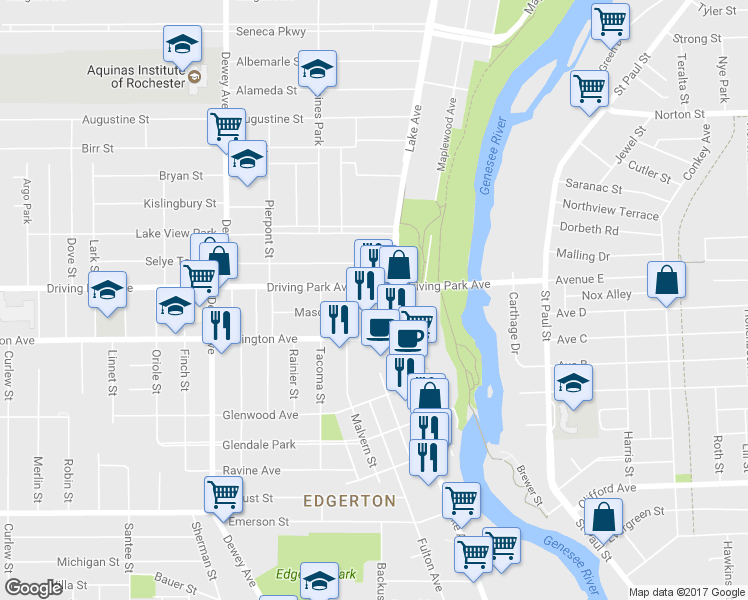 map of restaurants, bars, coffee shops, grocery stores, and more near 54 Thorn Street in Rochester