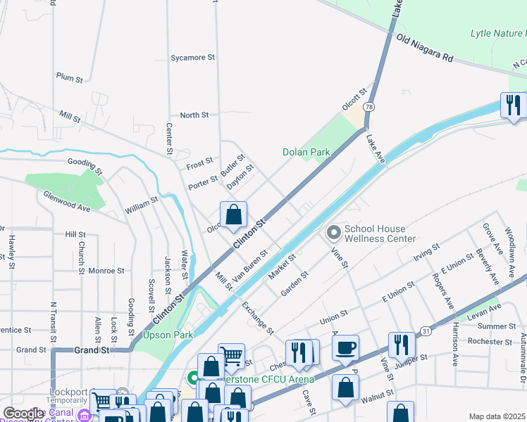 map of restaurants, bars, coffee shops, grocery stores, and more near 295 Clinton Street in Lockport