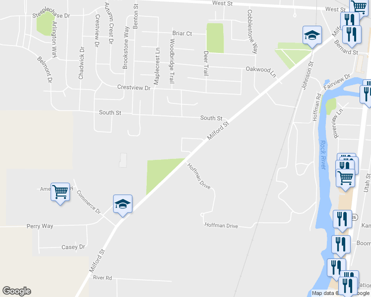 map of restaurants, bars, coffee shops, grocery stores, and more near 525 Grey Fox Run in Watertown