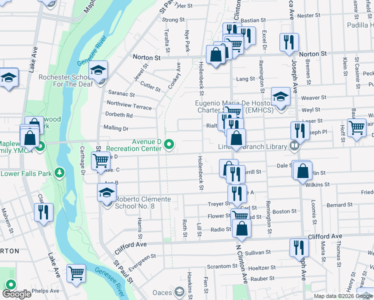 map of restaurants, bars, coffee shops, grocery stores, and more near 250 Avenue D in Rochester