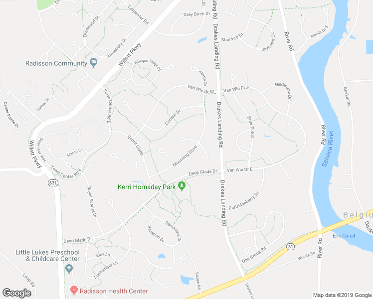 map of restaurants, bars, coffee shops, grocery stores, and more near 6287 Mourning Dove in Baldwinsville