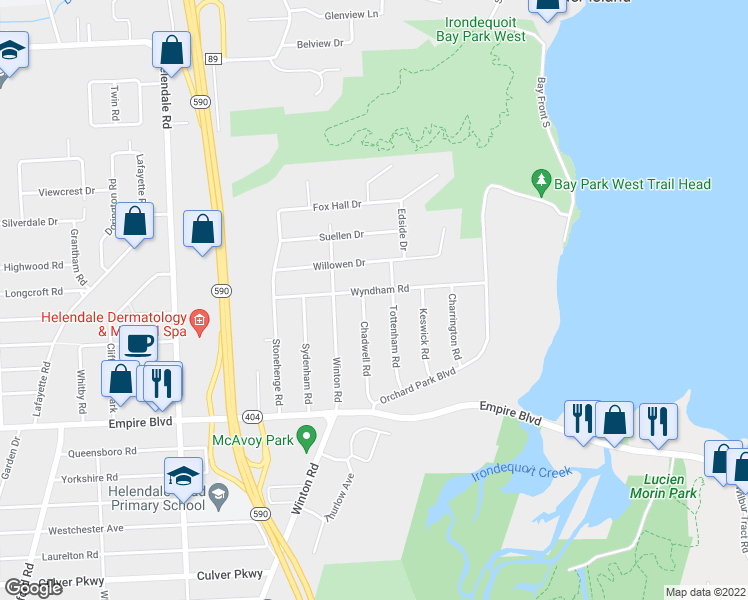 map of restaurants, bars, coffee shops, grocery stores, and more near 153 Wyndham Road in Rochester