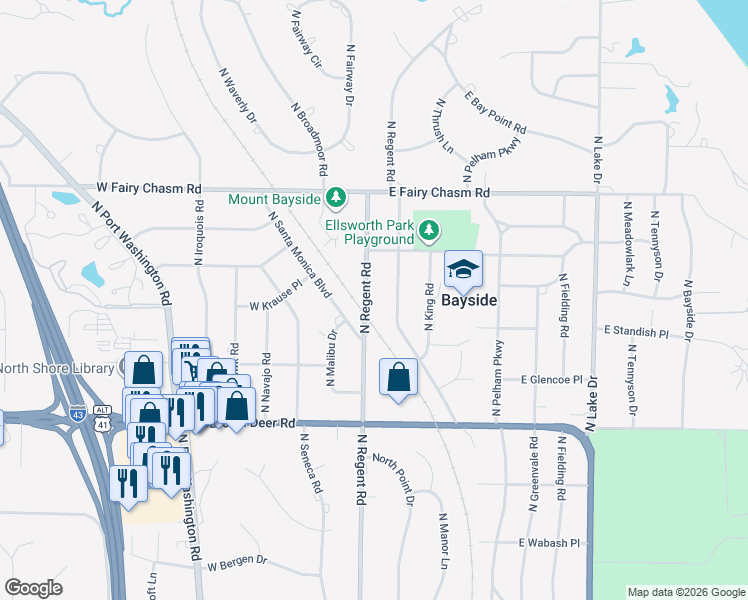map of restaurants, bars, coffee shops, grocery stores, and more near 9032 North Regent Road in Bayside