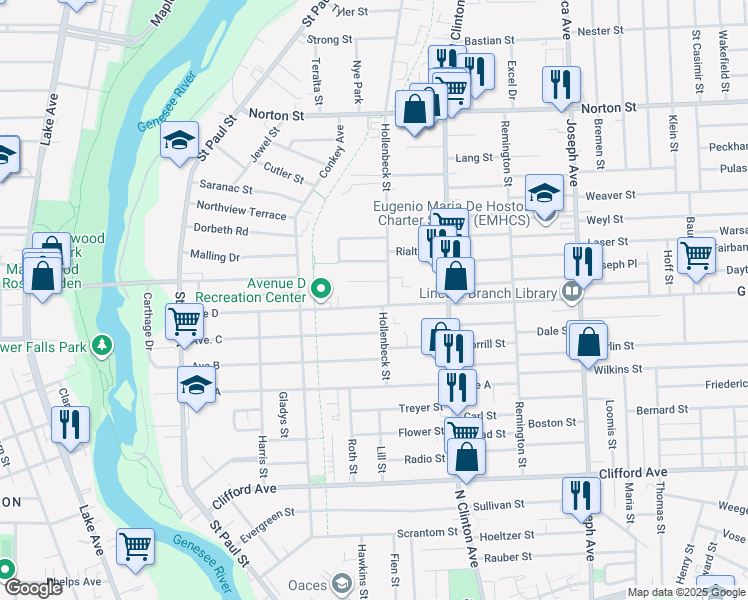 map of restaurants, bars, coffee shops, grocery stores, and more near 274 Avenue D in Rochester