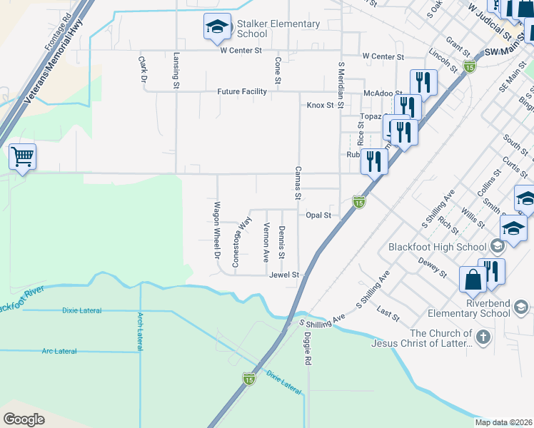 map of restaurants, bars, coffee shops, grocery stores, and more near 1485 Vernon Avenue in Blackfoot