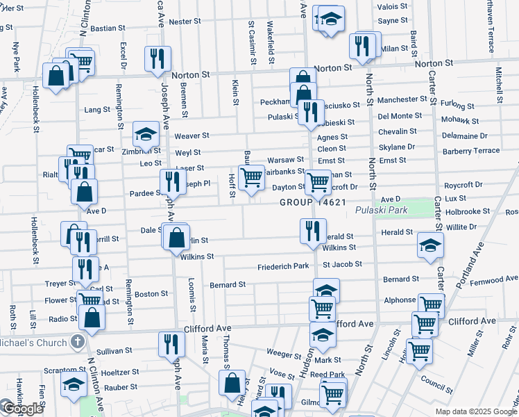 map of restaurants, bars, coffee shops, grocery stores, and more near 763 Avenue D in Rochester