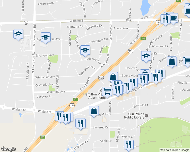 map of restaurants, bars, coffee shops, grocery stores, and more near 229 Broadway Drive in Sun Prairie