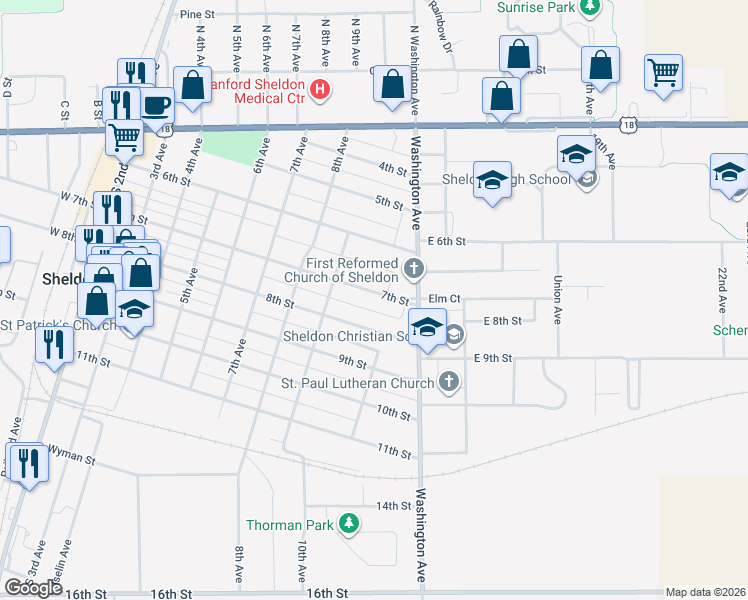 map of restaurants, bars, coffee shops, grocery stores, and more near 1010 7th Street in Sheldon